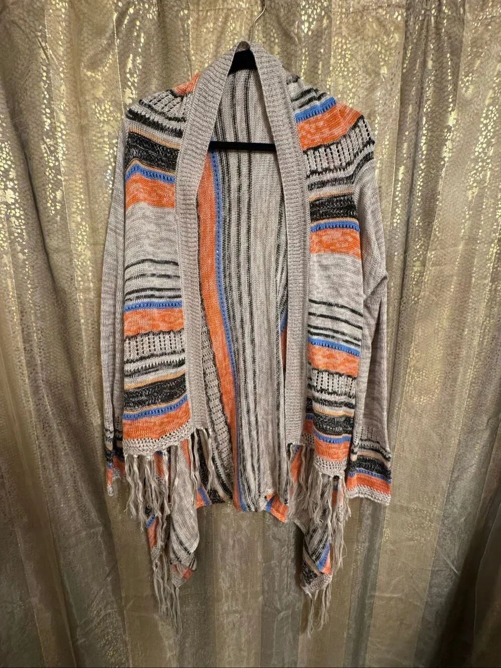 Umgee Striped Boho Fringe Hem Open Cardigan Tan Orange Black